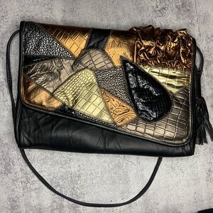 Vintage 80’s Bags By Pinky Metallic Scrunched Patchwork Leather Clutch w/Strap